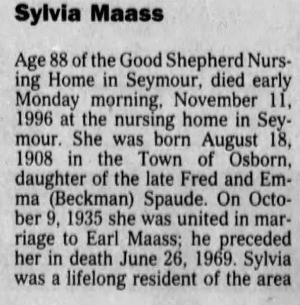 Obituary for Sylvia Maass, 1908-1996 (Aged 88)
