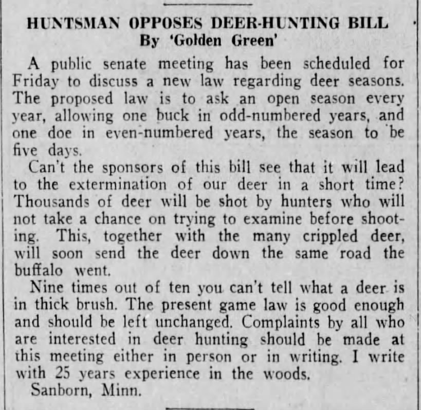 Golden Green deer hunting bill opinion 1933