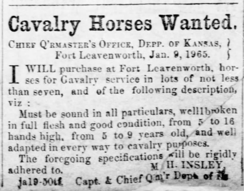 Ad: cavalry horses wanted, Kansas 1865