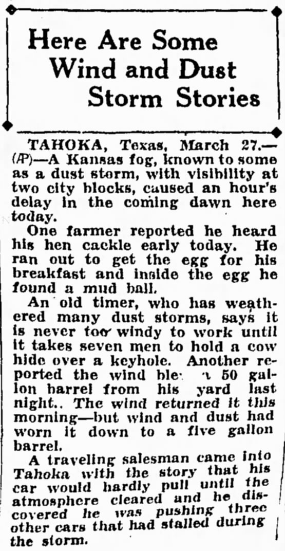 Local stories from Texas about the 1935 wind and dust storms during the Dust Bowl
