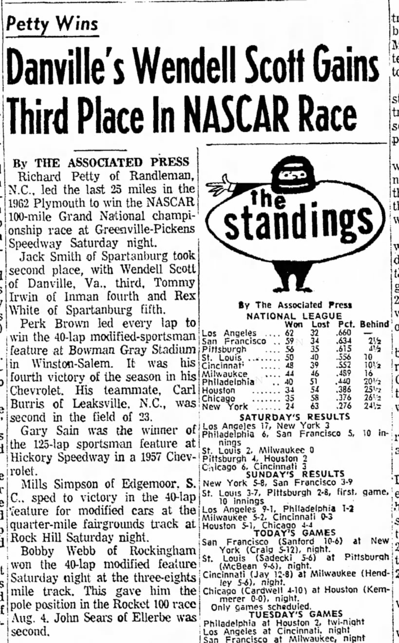 Wendell Scott in third place at NASCAR race, 1962