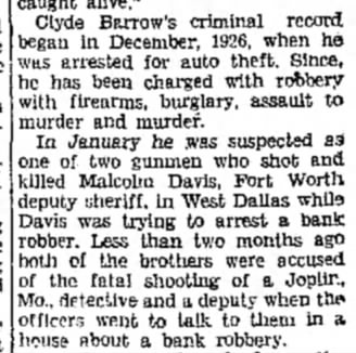 Summary of Clyde Barrow's alleged crimes as of Jul 1933