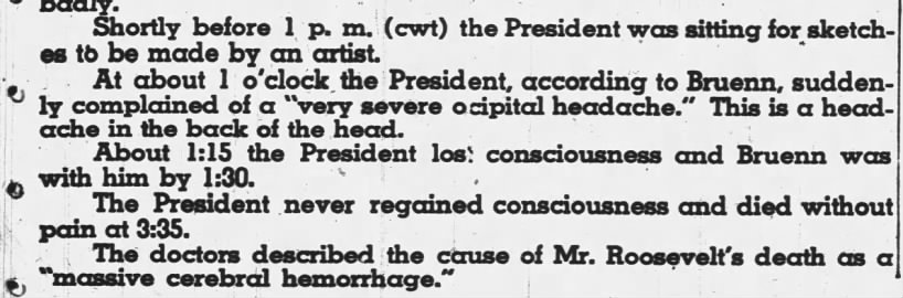 Roosevelt complains of a headache before death
