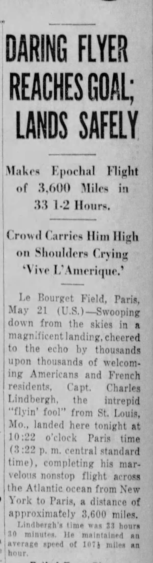 Lindbergh flies 3,600 miles to Paris