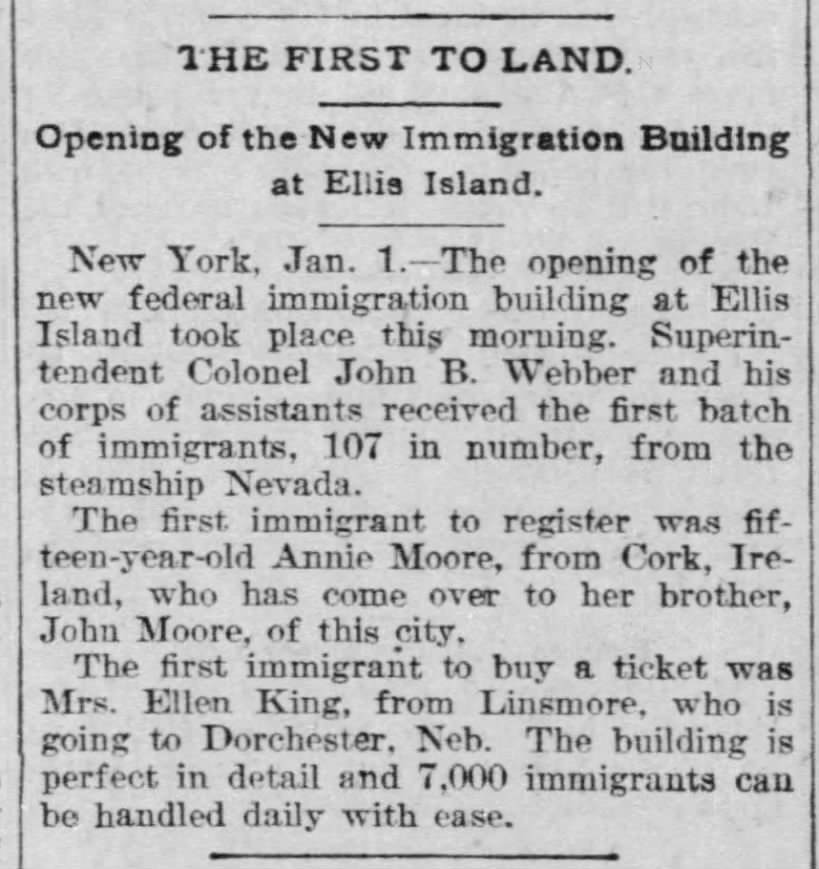 Newspaper article about the first group of 107 immigrants to arrive at Ellis Island