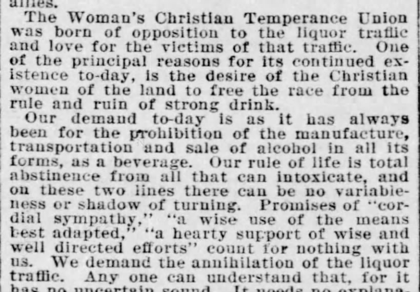 Woman's Christian Temperance Union supports prohibition, 1897