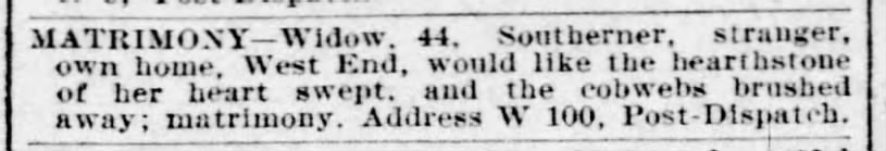 1899 personal ad: Widow, 44, Southerner