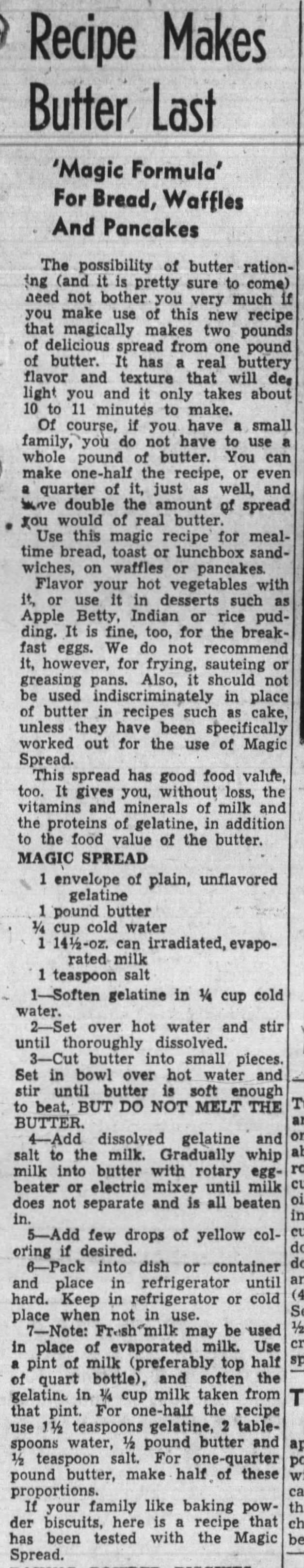 Recipe for "magic spread" that makes butter go father (1943)