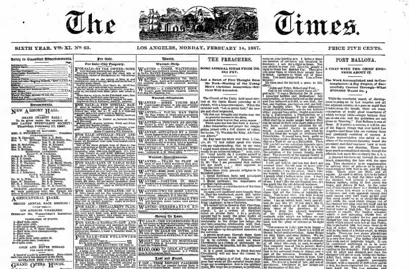 First Monday issue of the Los Angeles Times, 14 Feb 1887