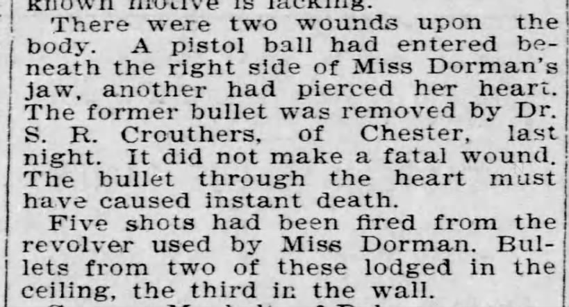 Two bullets in Annie Dorman's body; one in the wall; two in the ceiling