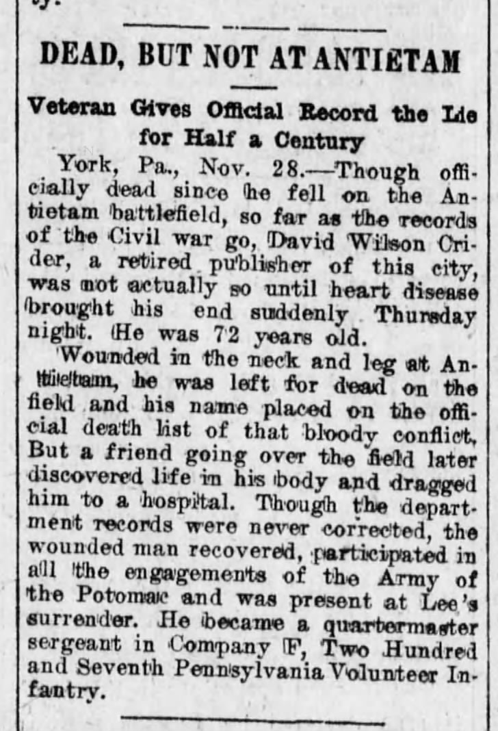 "Dead, but not at Antietam" 1914