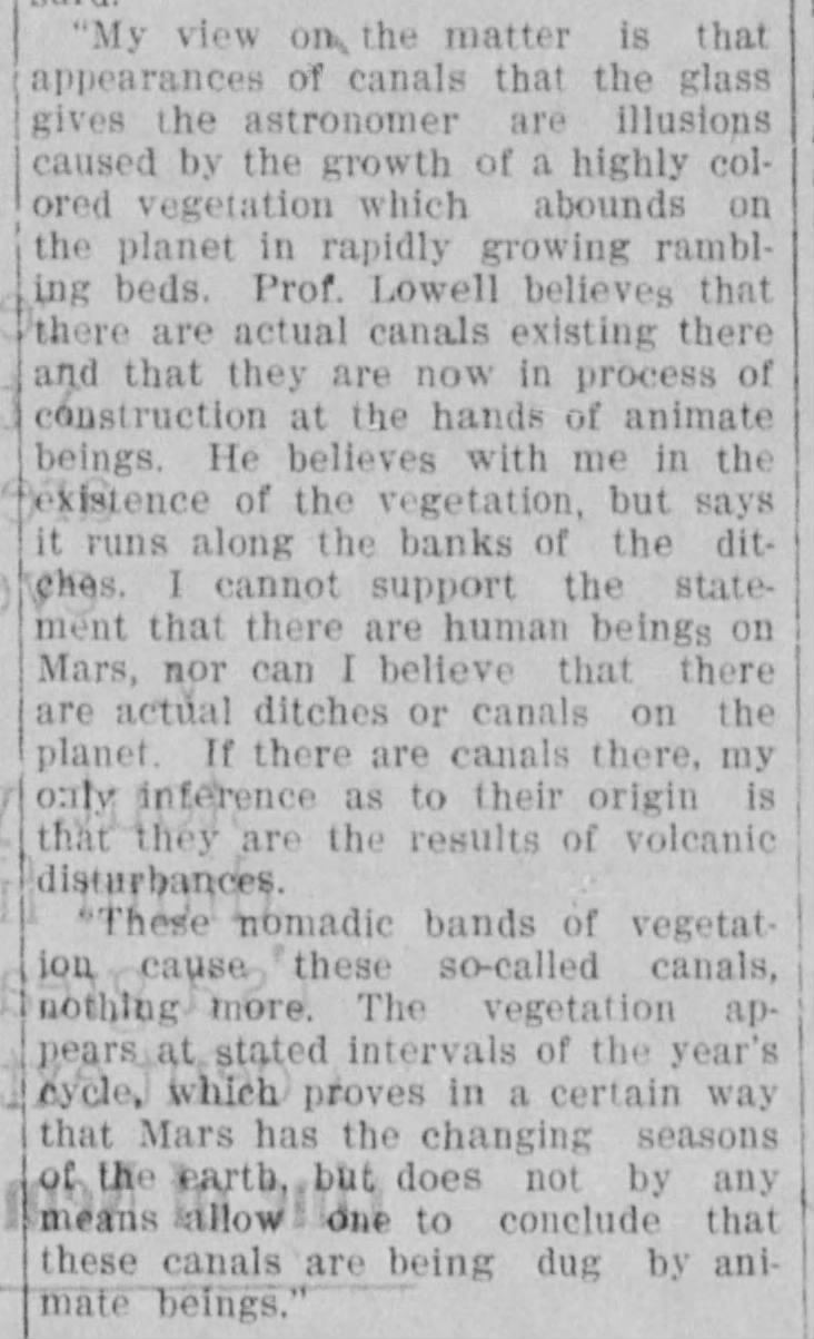 Professor says there are no canals on Mars, just vegetation that gives illusion of canals, 1910