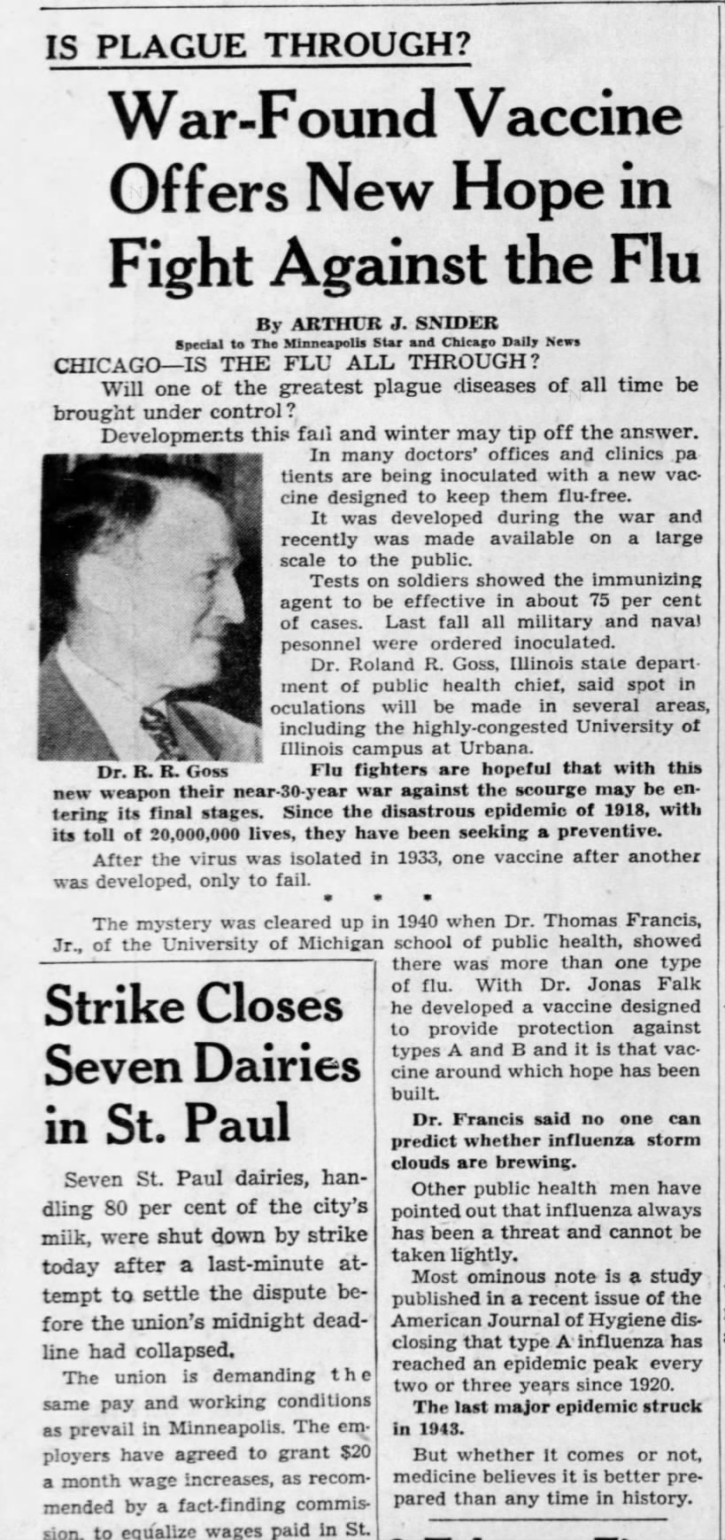 "War-Found Vaccine Offers New Hope in Fight Against the Flu" (Minneapolis Star, 1946)