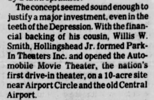 Hollingsworth sought financial backing to develop first drive-in theater