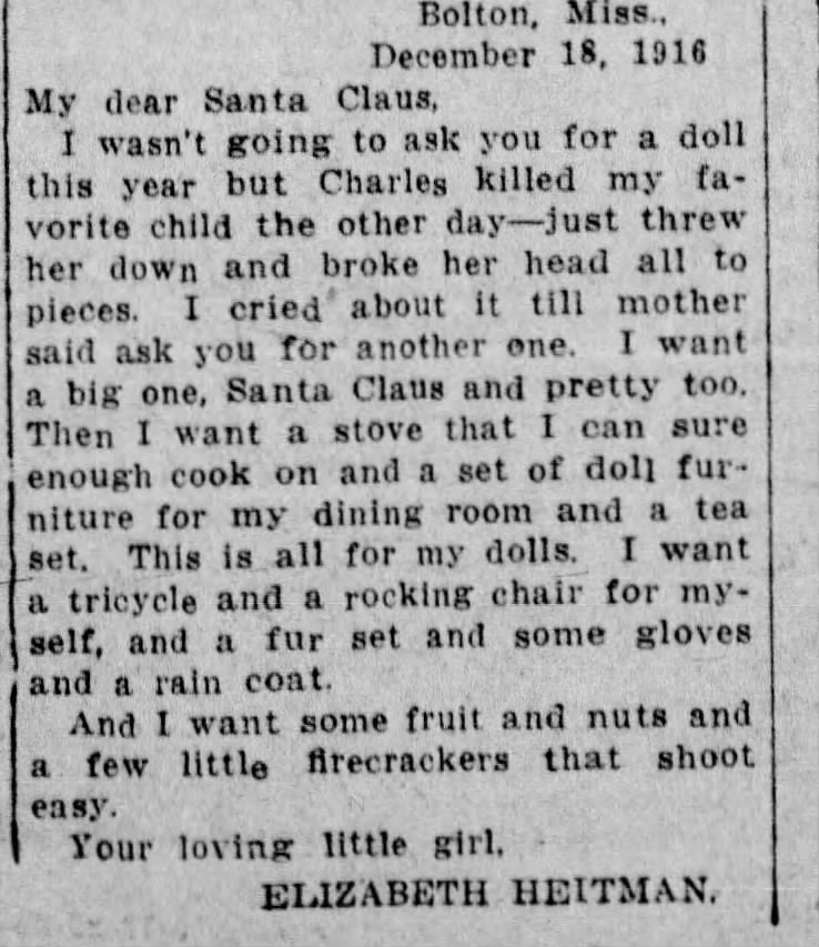 Letter to Santa, 1916, Mississippi