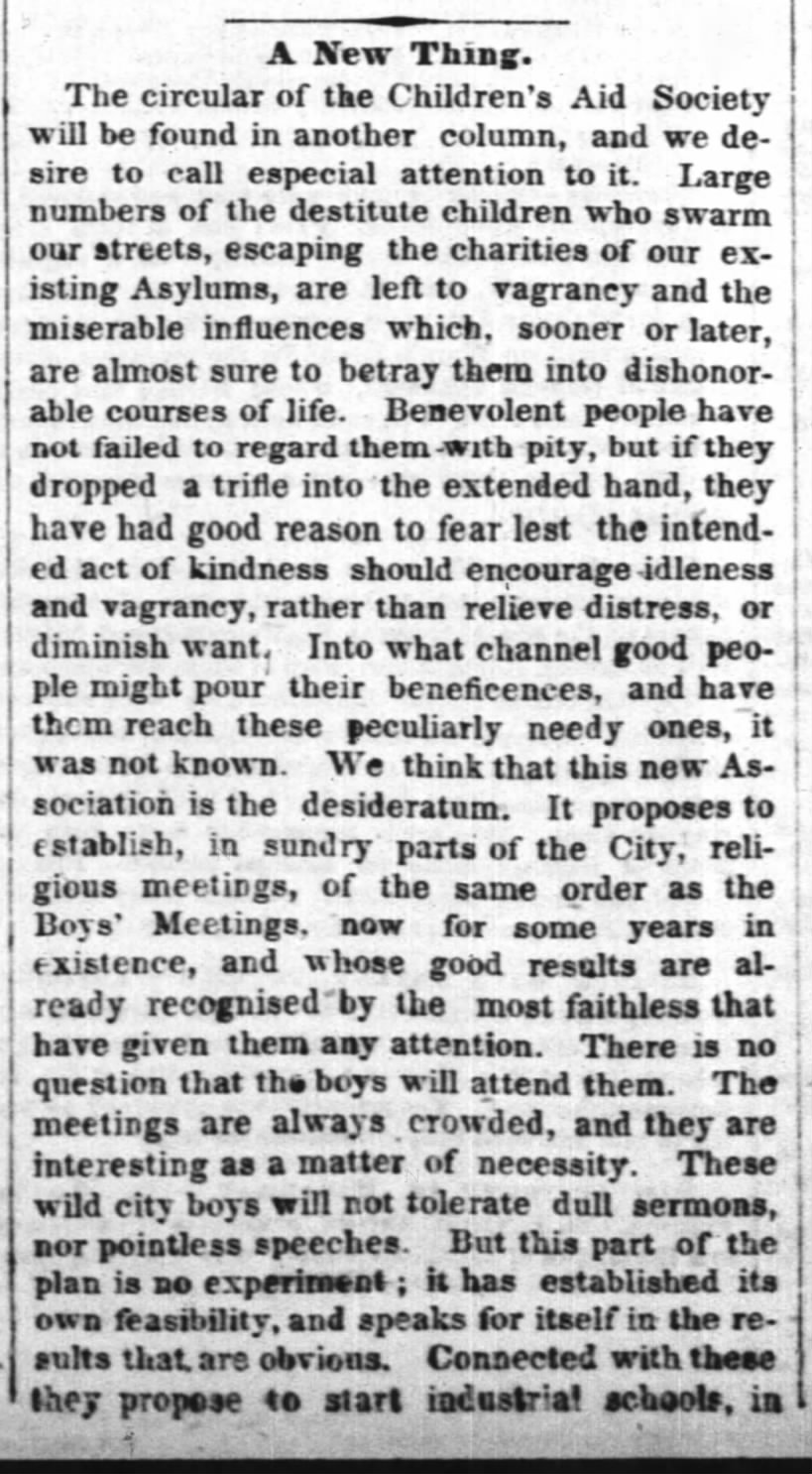 Children's Aid Society formed in NY - March 1853