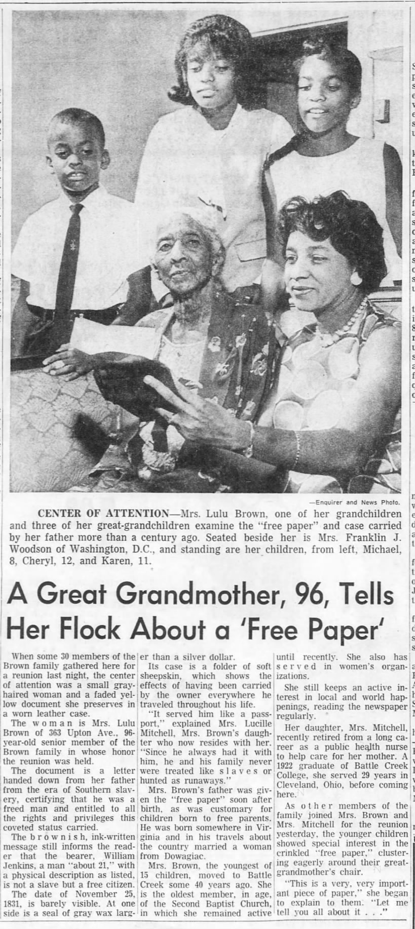William Jenkins daughter holds free papers 
