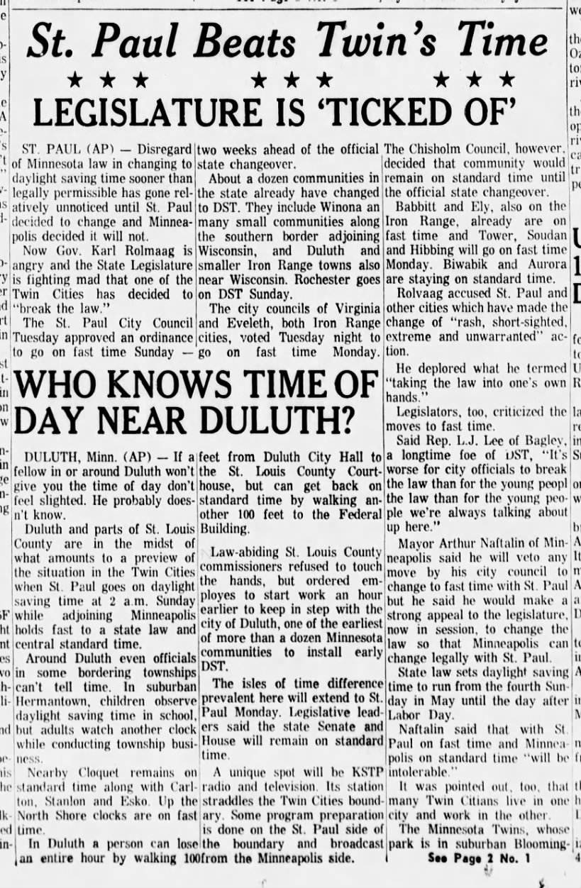 Twin cities disagree over daylight savings time, 1965