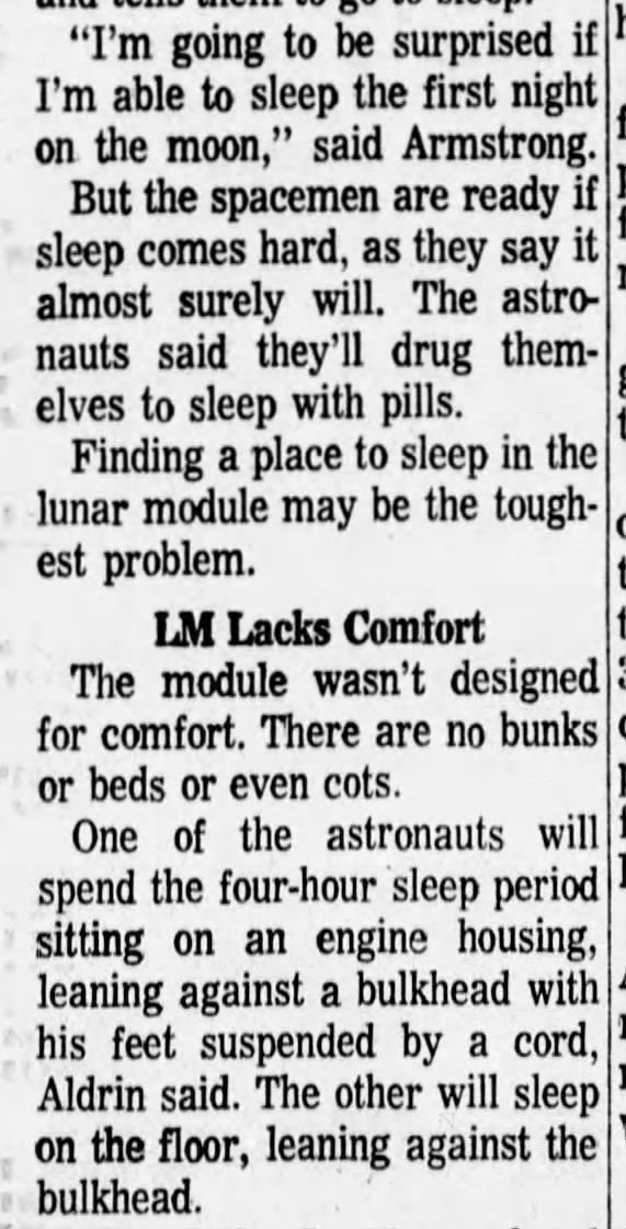 Lunar module lacks comfort for astronauts to sleep