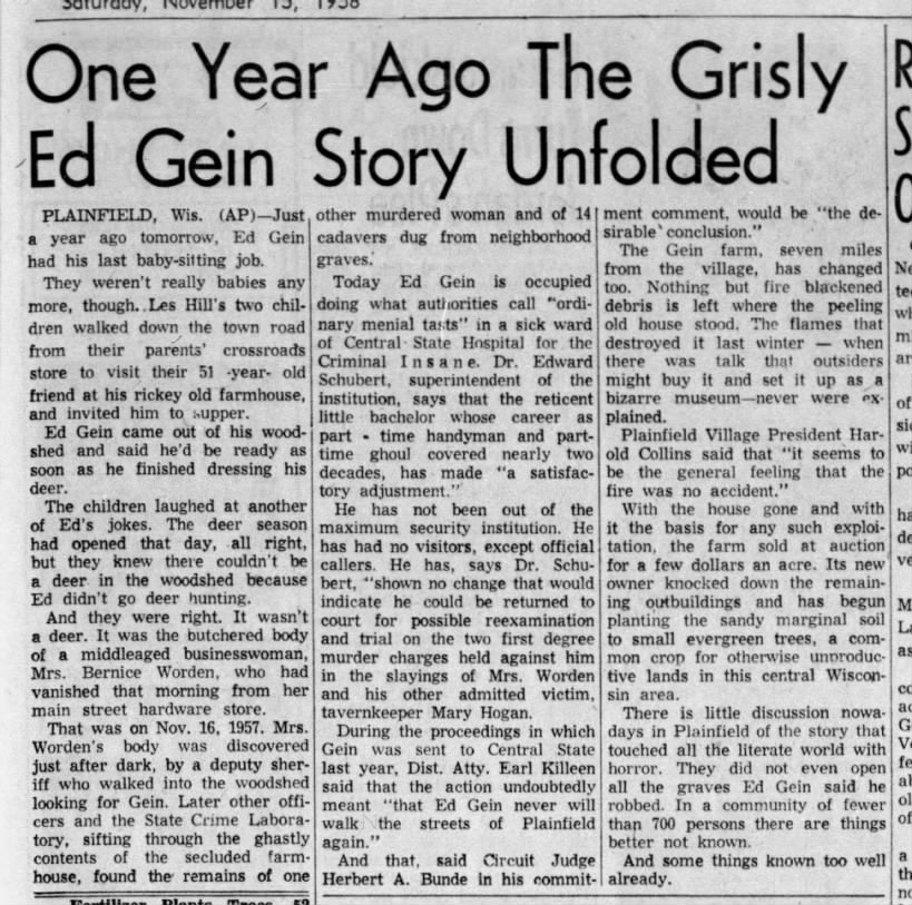 "One Year Ago the Grisly Ed Gein Story Unfolded"
