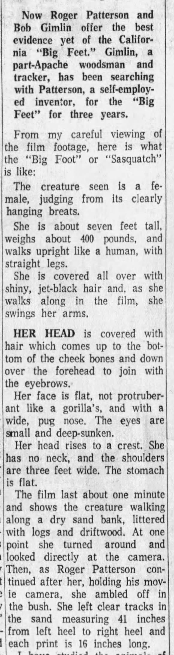 Description of Bigfoot in 1967 Patterson/Gimlin film