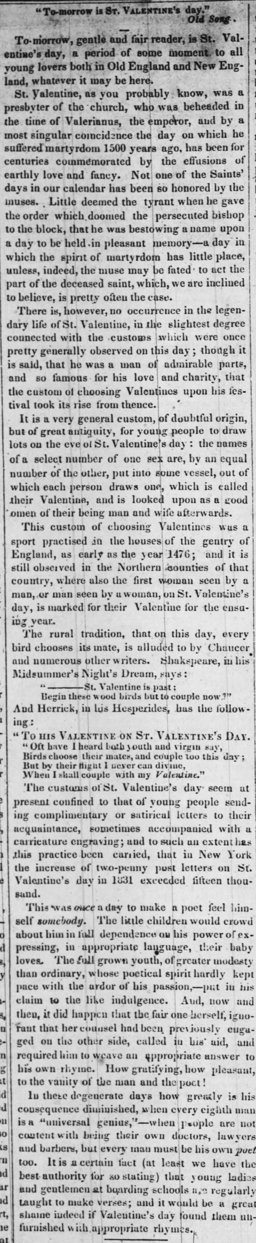 Valentine's customs revealed in 1839 column.