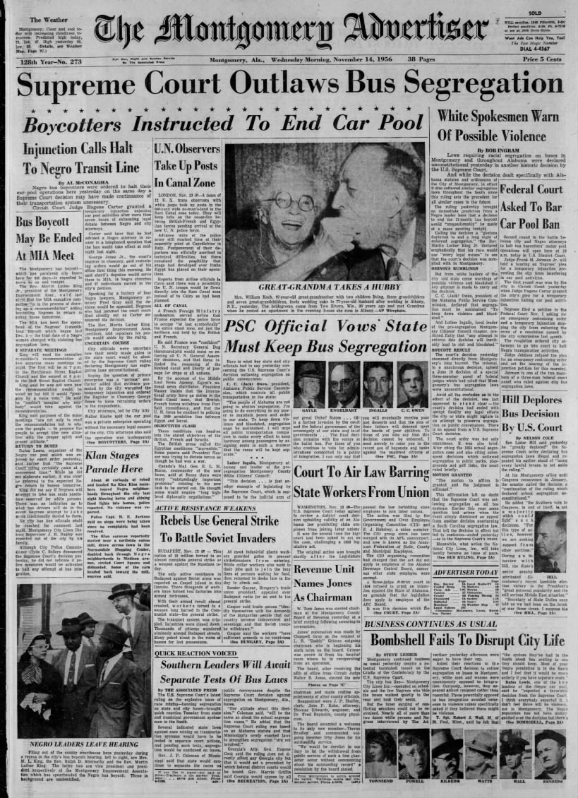 Montgomery newspaper headlines about the Supreme Court's 1956 ruling to end bus segregation