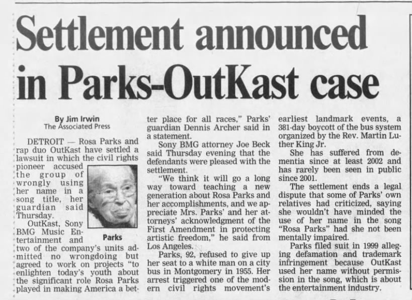 Article about the Rosa Parks/OutKast lawsuit settlement in 2005