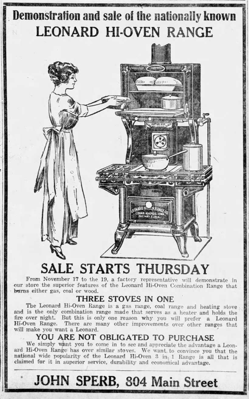 1921 ad for Leonard Hi-Oven Range