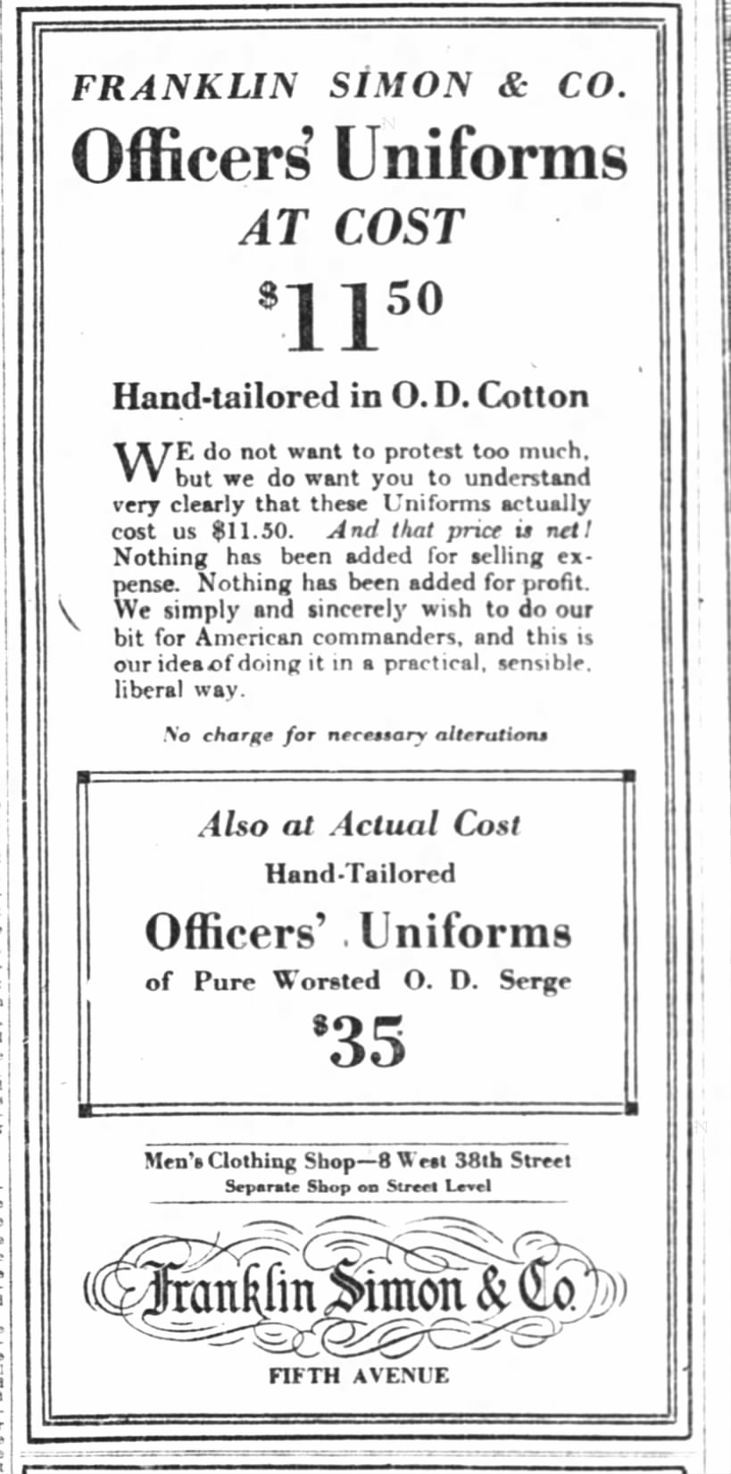 WWI officer's uniforms ad