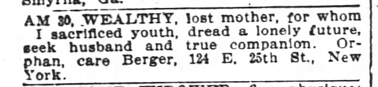 1898 personal ad: 30, wealthy, lost mother