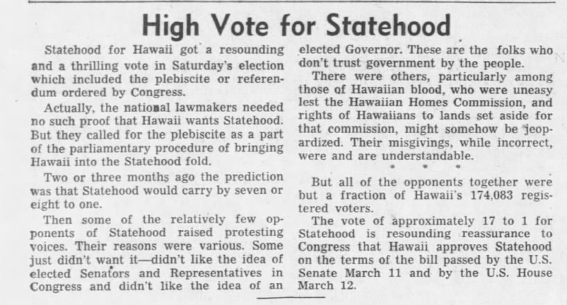 Hawaiians 17 to 1 for Statehood