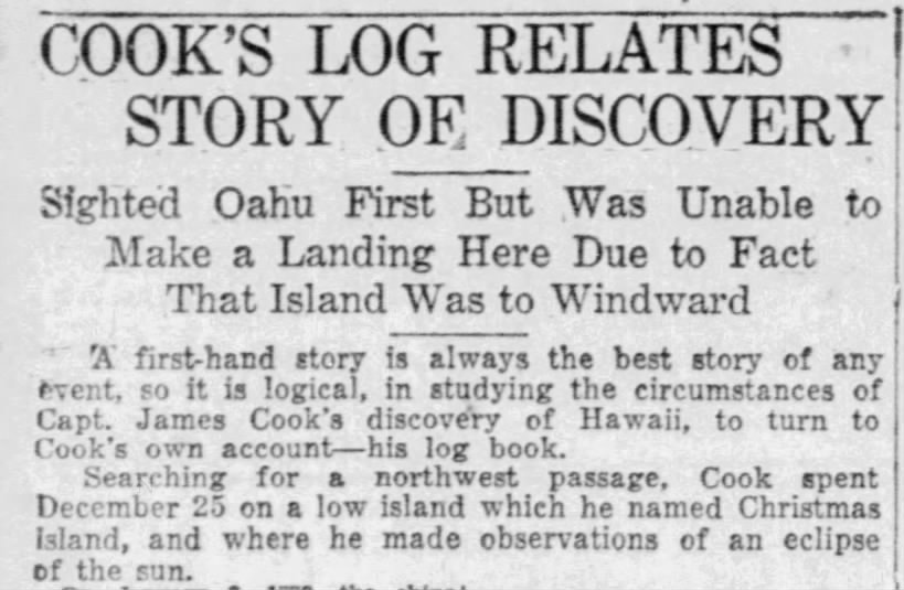 Capt. Cook's log book describes discovery of Hawaii