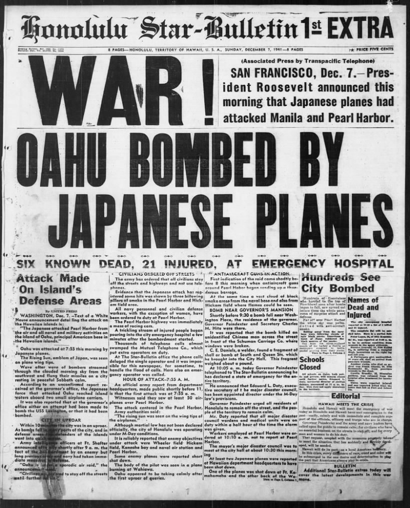 Star-Bulletin covers the bombings at Pearl Harbor, 1st Extra