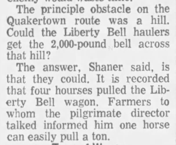 Horse can easily pull a ton - team of horses pulled liberty bell up a hill