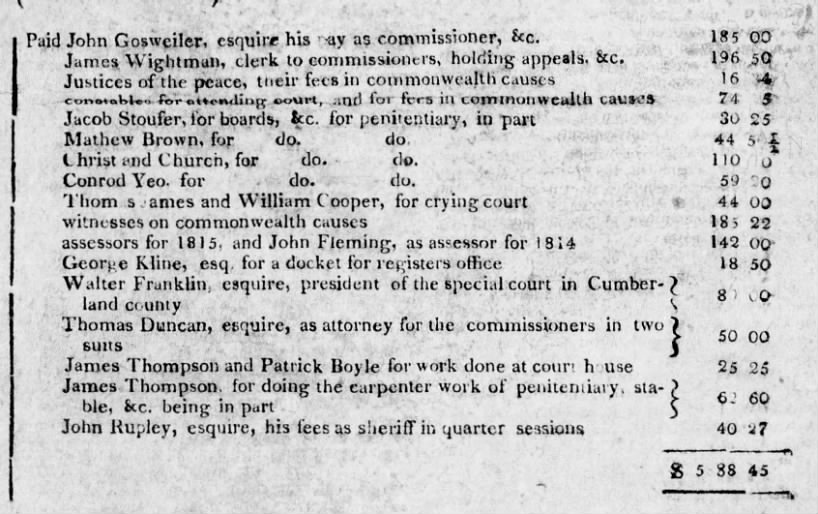 Cumberland County pays esquires - including sheriff, attorney, commissioners, etc. - 1816