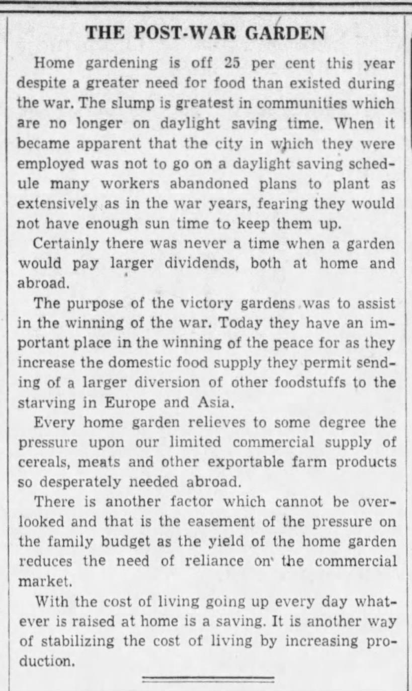 Home gardening drops 25% despite need, 1946