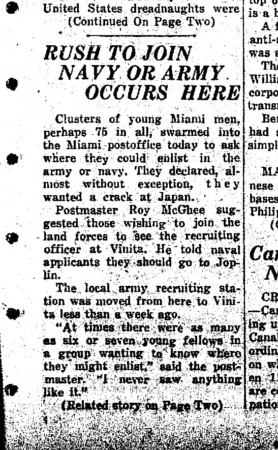 "Rush to join Navy or Army Occurs" after attack on Pearl Harbor