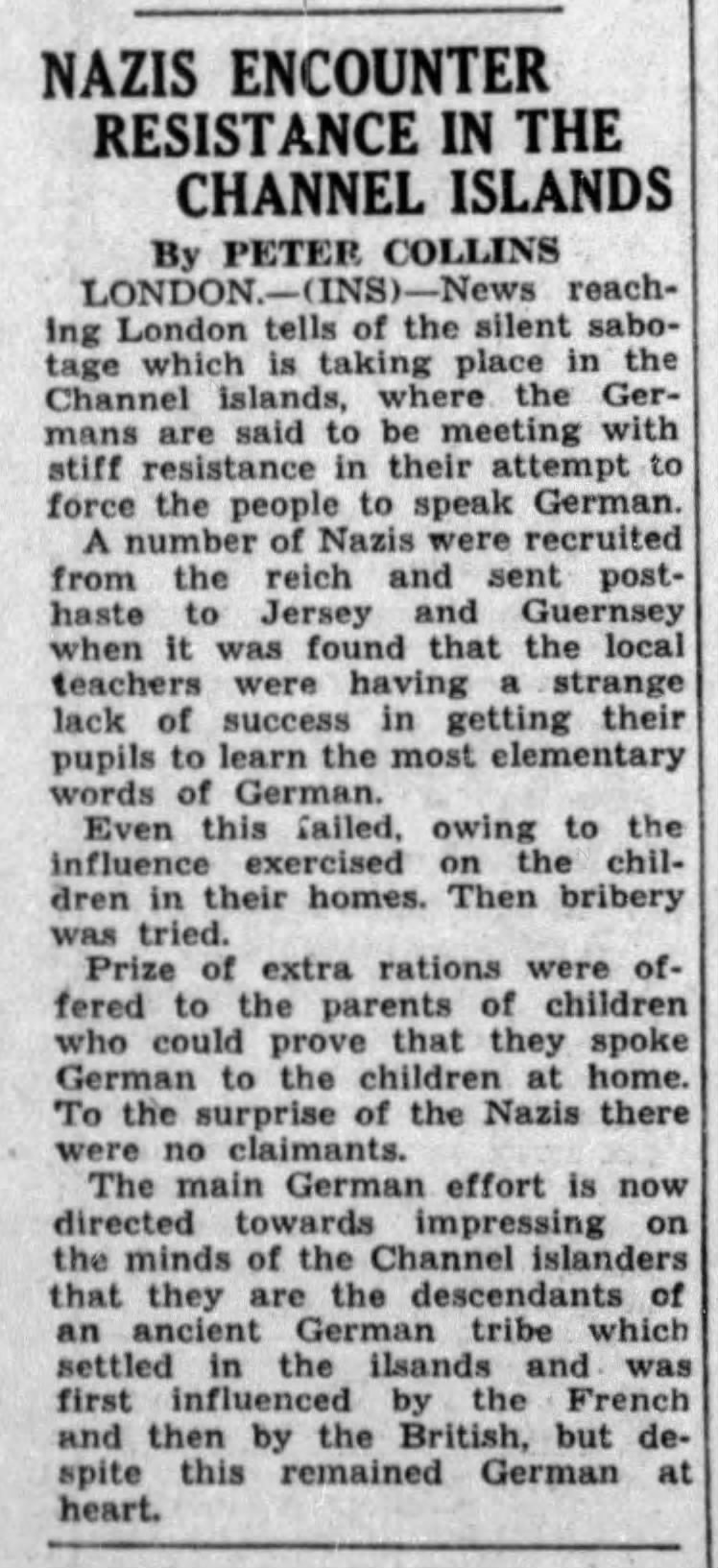 Channel Islanders reportedly refuse to learn German as "silent sabotage" 8/27/1942