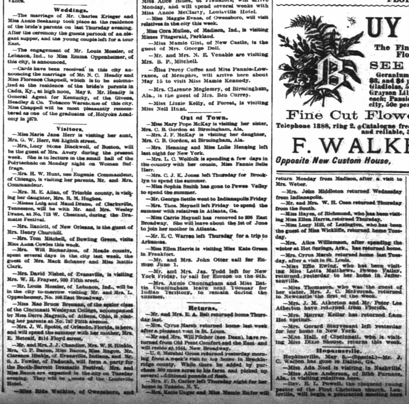 Weddings, Visitors, Out of Town, and Returns for Louisville, 6 May 1888