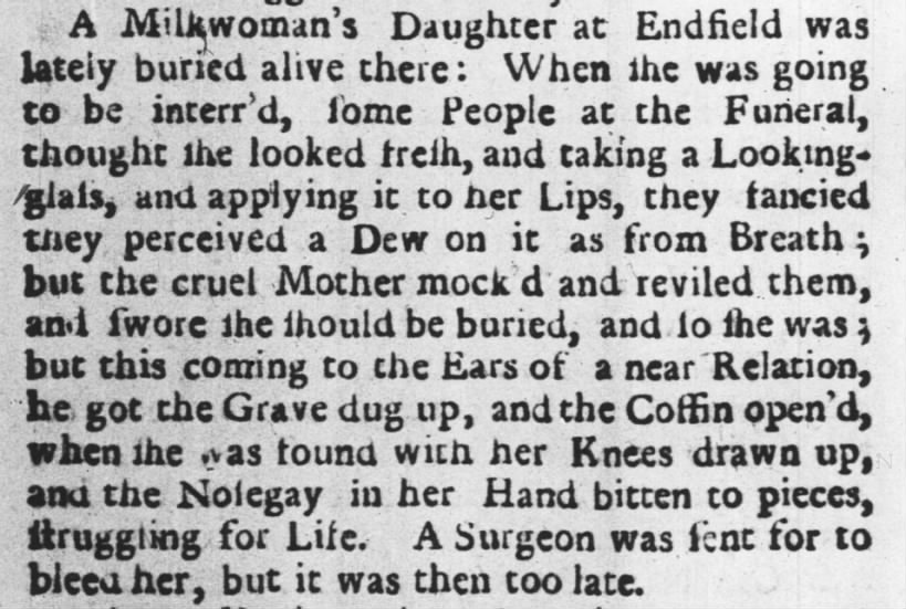1729: Milkwoman's daughter buried alive