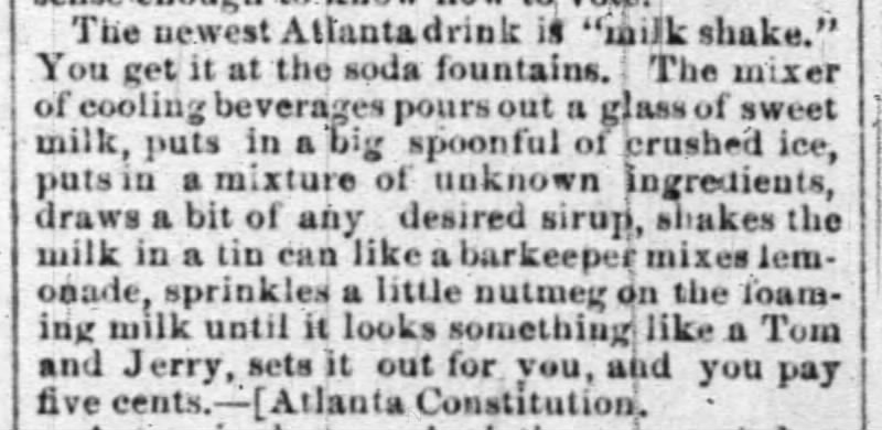 "Milkshake" description (no ice cream), 1886