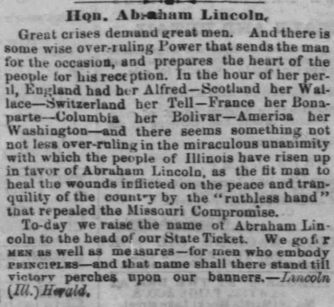 Illinois newspaper's support of Abraham Lincoln for U.S. Senate