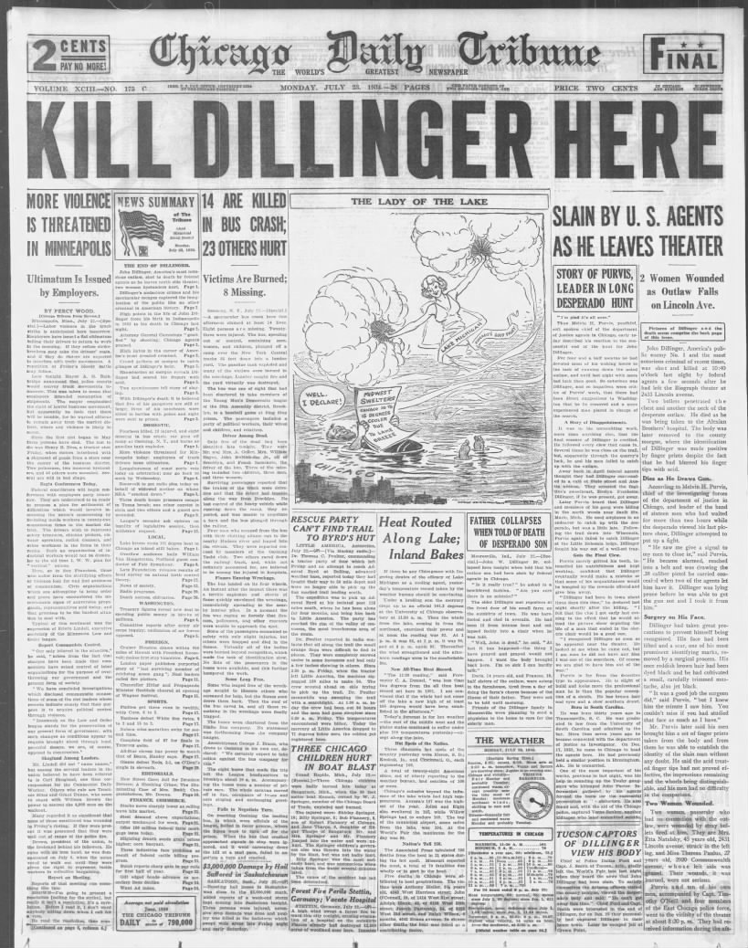 Chicago Tribune coverage of Dillinger slaying in Chicago, 1934