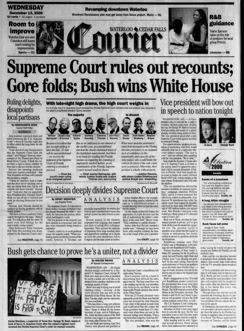 Iowa newspaper front page following U.S. Supreme Court Bush v. Gore ruling during the 2000 election