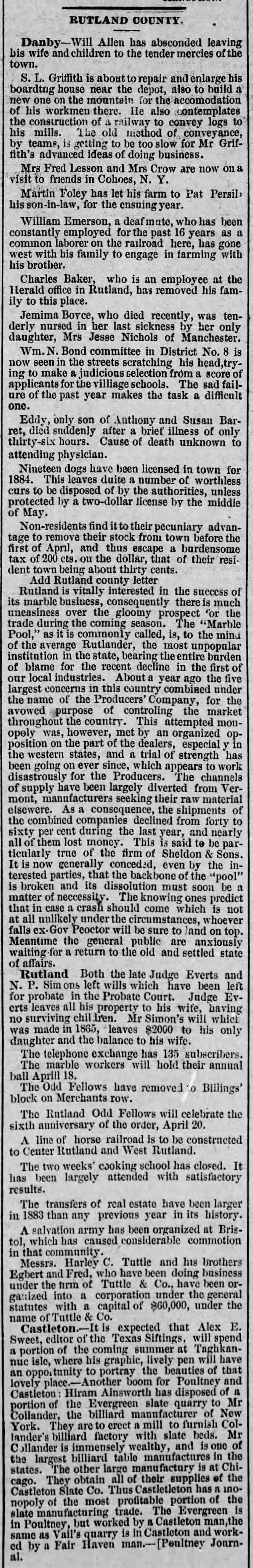 News from Rutland County, 1884