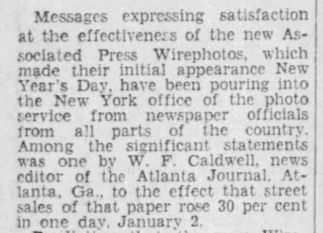 Atlanta Journal reports 1 day increase in sales of 30% because of Wirephoto