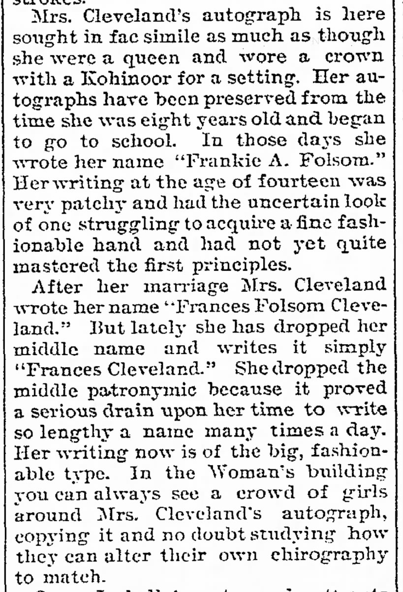 Newspaper piece about Frances Cleveland's handwriting