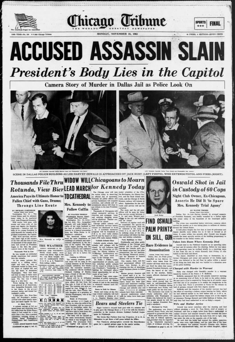 Nightclub owner Jack Ruby kills Lee Harvey Oswald, the accused assassin of John F. Kennedy