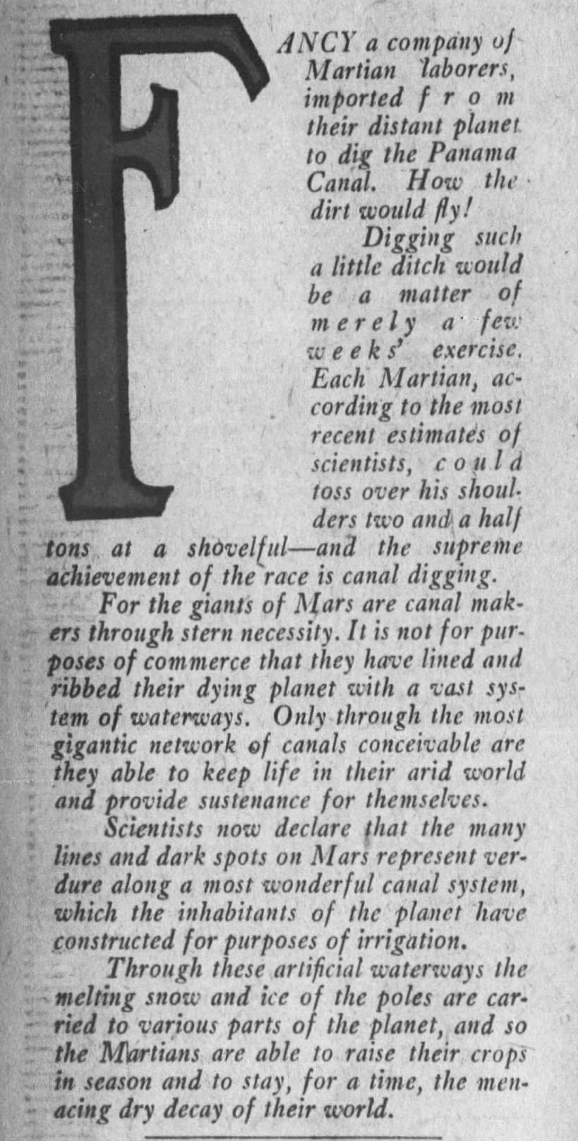 Excerpt from Los Angeles Times feature on Mars canals, 1907